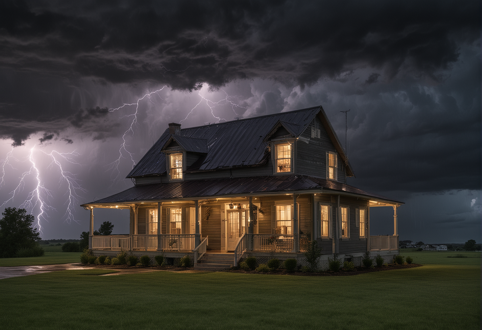 Are Barndominiums Safe A rural house with a wraparound porch glows warmly as a powerful thunderstorm rages in the distance.