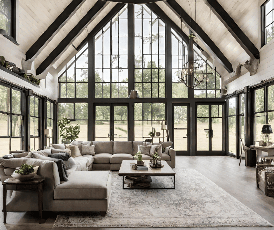 Airy living space dominated by a dramatic vaulted ceiling with exposed beams and an expansive glass wall with black frames, flooding the room with natural light.
