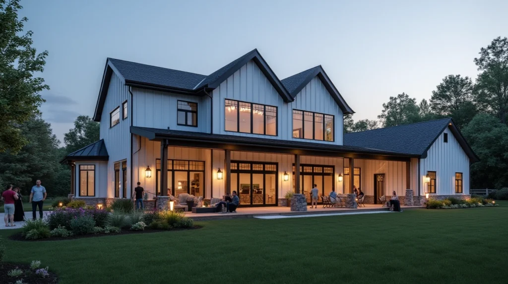 Two-story farmhouse with wraparound porch, fireplace, and backyard lawn