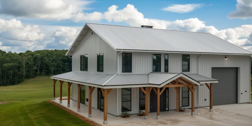 Top 5 White Barndominium Floor Plans 5 Two-story farmhouse with wraparound porch, and backyard lawn.