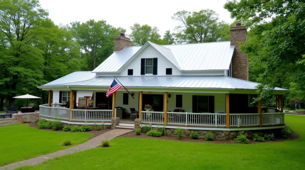 A white farmhouse Barndominium with a metal roof and a large wraparound porch. There is a flag hanging from the porch and a stone patio in the backyard.