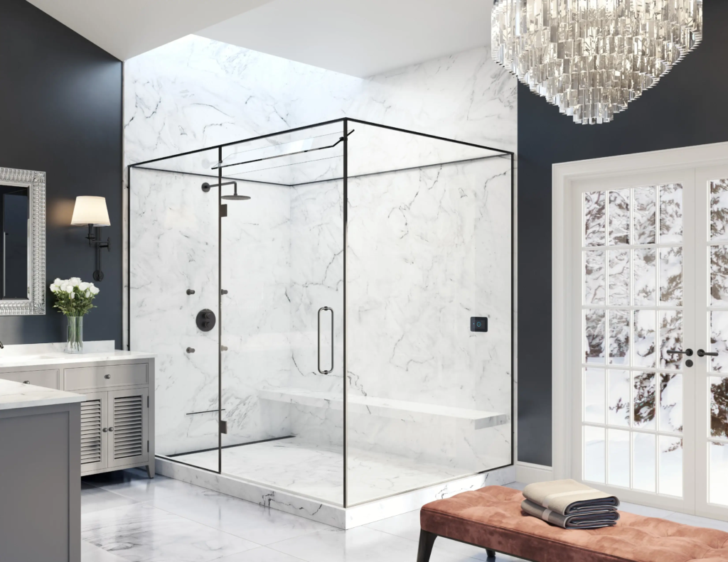 Modern steam shower with black frame glass enclosure, marble walls, and built-in bench.