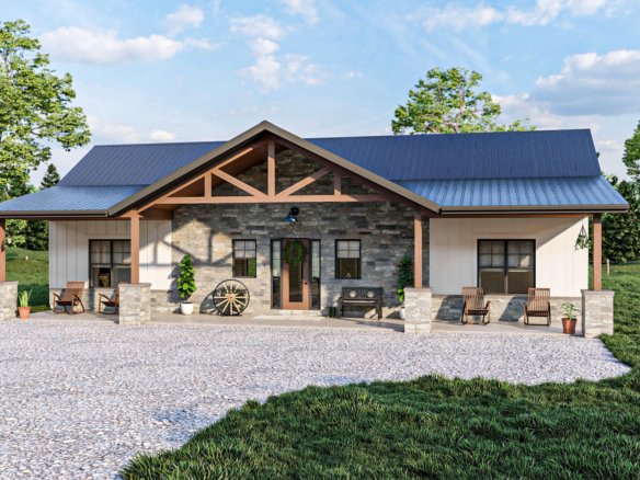 1 Story Bardominium Style House Plan with Large Front Porch and Split Bedrooms Hidden Acres 30145