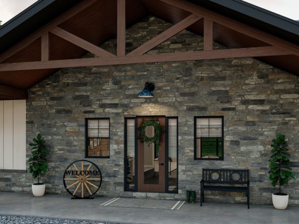 1 Story Bardominium Style House Plan with Large Front Porch and Split Bedrooms Hidden Acres 30145