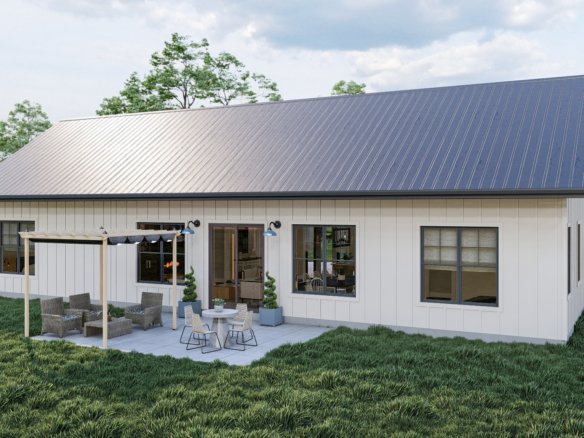 1 Story Bardominium Style House Plan with Large Front Porch and Split Bedrooms Hidden Acres 30145