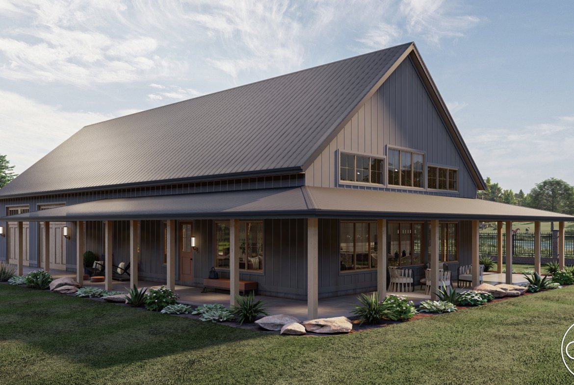 Black Barndominium Style House Plan with Wrap around Porch Red Rocks 30189