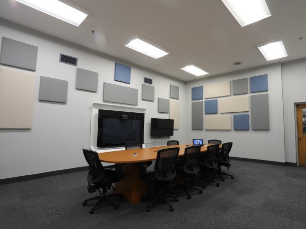 Soundproof conference room with acoustic panels
