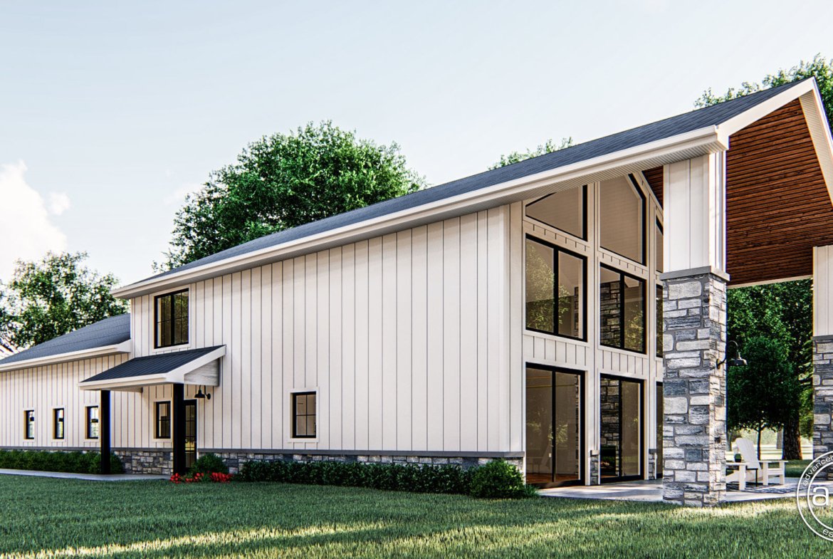 Modern Farmhouse Barndominium Plan with Tall Ceilings and Oversized Patio Billings 29771