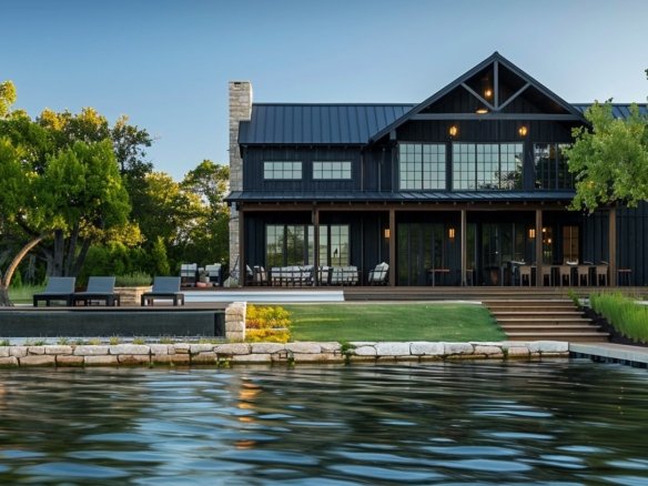 Luxury Barndominium Floor Plans with black exterior and Waterfront home