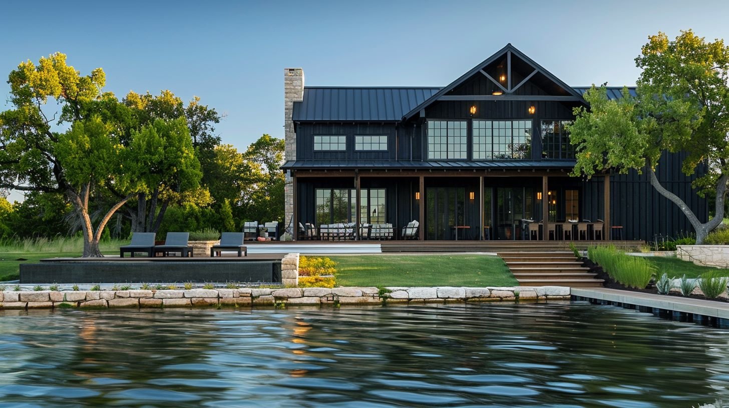 Luxury Barndominium Floor Plans with black exterior and Waterfront home