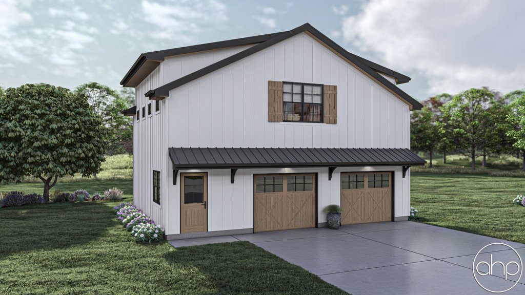 White Barndominium Style Carriage House Plan Pineville