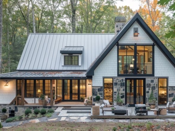 2-story barndominium with white siding and stone accents, nestled in the woods