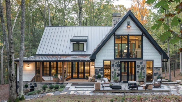 2-story barndominium with white siding and stone accents, nestled in the woods
